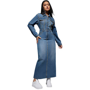Women Clothing Women Long Sleeve Collared Button Split Maxi Dress
