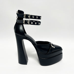 Black White Rivet Belt Buckle 15cm Double Waterproof Platform Women Shoes Heels