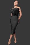 Brown Rose Red Tube Top Feather Backless Slim Fit Medium Length Bandage One Piece Dress