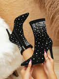 Autumn Winter High Heel Pointed Black Stretch Thin Boots Suede Mid-Calf Rhinestone Stiletto Socks Boots Women