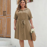 Plus Size Solid Color Hooded Dress Spring Summer Office Loose Fitting Slim Fit