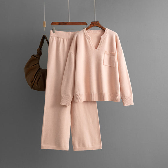 Women Autumn Winter V neck Loose Solid Color Split Pullover Knitting Two Piece Sweater