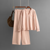 Women Autumn Winter V neck Loose Solid Color Split Pullover Knitting Two Piece Sweater