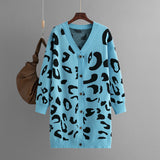 Autumn Winter Knitwear Mid Length Leopard Print Sweater Cardigan Women Baggy Coat