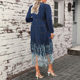 Plus Size Women Clothing Stitching Denim Collared Long Sleeve Tassel Mid Length Dress
