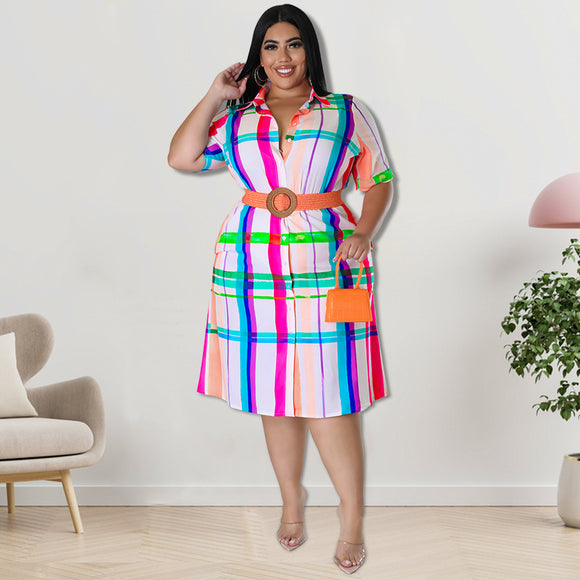 Plus Size Women Clothing Autumn Checkered Short Sleeved Shirt Dress