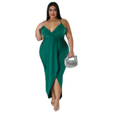 Plus Size Women Clothing Adjustable Shoulder Strap Sleeveless V Neck Stretch Dress