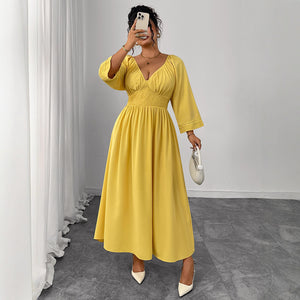 Dress Women Clothing Sexy Deep V Plunge neck Yellow Dress High Waist Slimming Dress