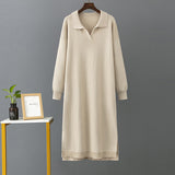 Autumn Winter Polo Collar Base Knitting Loose Solid Color Women Dress