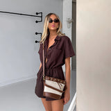Shirt Collar Solid Color Waist Tight Short Sleeve Romper for Women Casual