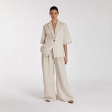 Spring Summer Linen Office Women Collared Half Sleeve Cardigan Top Loose Wide Leg Pants Two Piece Set