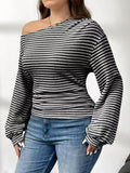 Plus Size Striped Color Block Crew Neck Pullover Women Office All Matching Drop Shoulder Long Sleeve T shirt Women