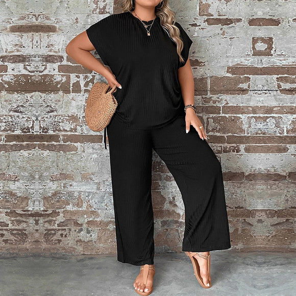 Plus Size Women Clothes Round Neck Loose Casual Short Sleeved T Shirt Stretch Wide Leg Pants Two Piece Set