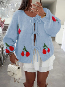 Autumn Winter Knitting Cardigan Loose Casual Sweater Strawberry Cherry Tie Front Top