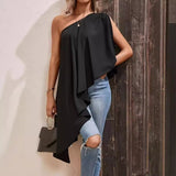 Women Solid Color Casual Sloping Shoulder Off The Shoulder Irregular Asymmetric Sleeveless Loose Top Dress