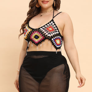 Plus Size Women Clothes Women Top Pure Hand Crocheting Random Color Stitching Pendant Banded Bikini Crochet Patchwork Macthing