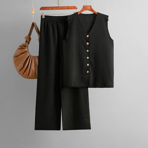Solid Color Loose Casual Wide Leg Pants Two Piece Set for Women