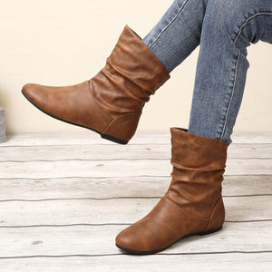 Casual Boots round Toe Low Heel Low Top Sleeve Faux Leather Boots All-Match Simple Sl on