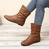 Casual Boots round Toe Low Heel Low Top Sleeve Faux Leather Boots All-Match Simple Sl on