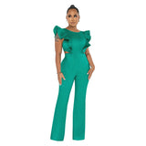 Women Clothing Summer Ruffled round Neck Solid Color Jumpsuit
