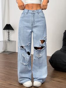 Women Clothing Loose Butterfly Embroidery Ripped Denim Trousers