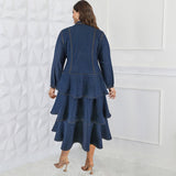 Plus Size Women Clothing Denim Long Sleeve Collared Cake Maxi Dress