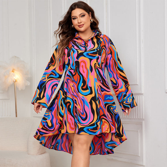 Plus Size Polo Collar Printing Dress Fluid Printing Dress Loose Maxi Dress Women