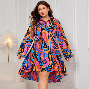Plus Size Polo Collar Printing Dress Fluid Printing Dress Loose Maxi Dress Women