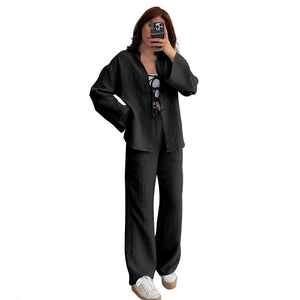 Summer Autumn Solid Color Tied Cardigan Long Sleeve Women Clothing Casual Trousers Two Piece Sets
