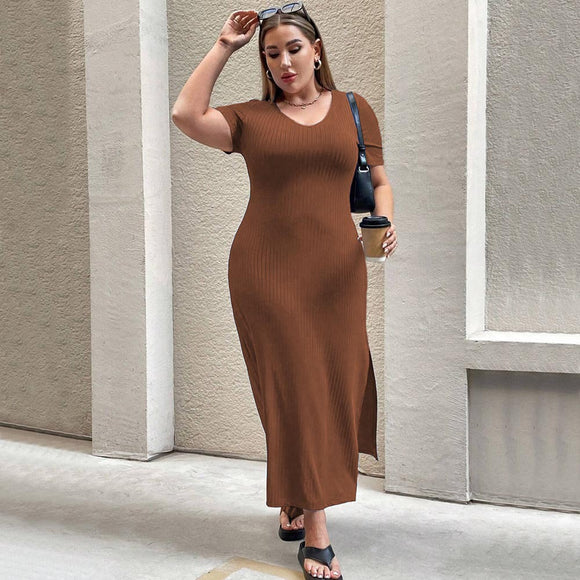 Plus Size Women Clothes Waist Controlled Split Short Sleeve Dress Sheath Dress