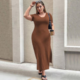 Plus Size Women Clothes Waist Controlled Split Short Sleeve Dress Sheath Dress