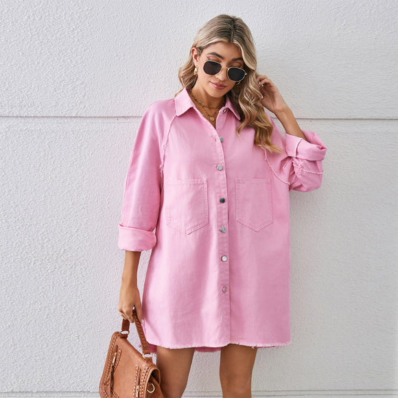 Wash Water Raw Edge Denim Dress Stitching Long Sleeve Cardigan for Women