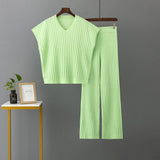 Plus Size Pullover V neck Loose Solid Color Top Pleated Wide Leg Trousers Knitted Two Piece Women