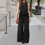 Summer Solid Color Sleeveless Bottoming Top Wide Leg Pants Two Piece Sets
