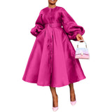 Women Clothing Autumn Winter Solid Color Glossy Loose Button Lantern Sleeve Dress