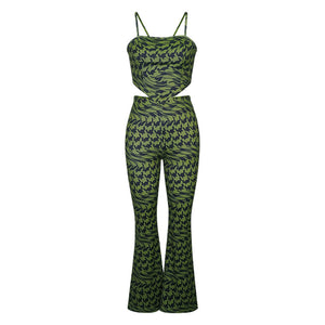 Suit Green Printing Vest Wide Leg Pants Casual Two Piece Suit