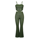 Suit Green Printing Vest Wide Leg Pants Casual Two Piece Suit