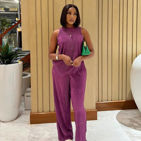 Women Clothing round Neck Solid Color Sleeveless Vest Top Wide Leg Trousers Casual Western Women Two Piece Set Summer