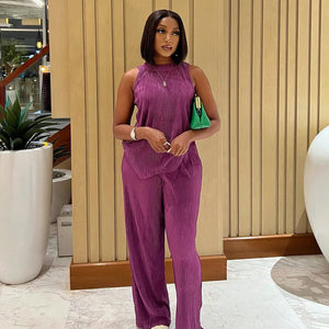 Women Clothing round Neck Solid Color Sleeveless Vest Top Wide Leg Trousers Casual Western Women Two Piece Set Summer