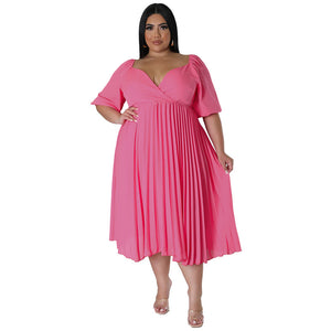 Plus Size Women Clothing V neck Hem Pleated Short Sleeve Dress