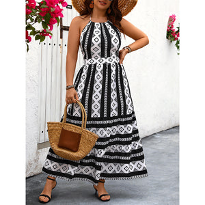 Plus Size Halter Sleeveless Printed Dress Vacation Bare Back Sexy Maxi Dress Women