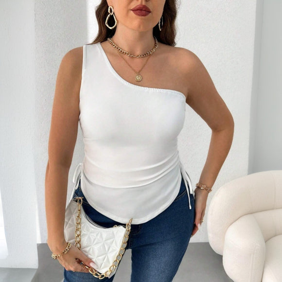 Popular plus Size Women Simple Elegant T shirt Spring Summer Diagonal Collar Slimming Top