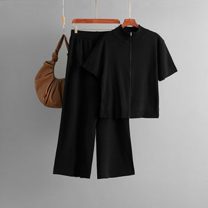 Women Clothing Half Turtleneck Solid Color Short Sleeve Zipper Wide Leg Pants Two Piece Set