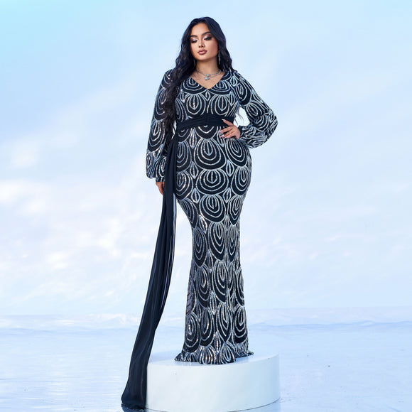 Plump Girls plus Size Women Long Long Sleeve V neck Cocktail Sequined Bandage Evening Dress