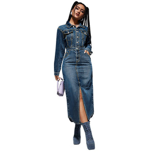 Women Clothing Collared Button Long Sleeve Split Denim Maxi Dress