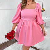 Plus Size French Square Collar Dress Long Sleeve Puff Sleeve A line Casual Short Mini Dress