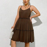 Plus Size Women Elegant U Neck Dress Summer High Waist Pullover Solid Color Midi Dress