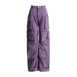 Trendy Spring High Waist Long Profile Multi Pocket Solid Color Women Overalls Casual Jeans