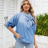 Spring Retro Loose Neckline Lace up Denim Shirt Bow Top Women