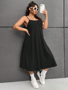 Plus Size Women Clothes Casual U Neck Sleeveless Dress High Waist A line Slip Dress